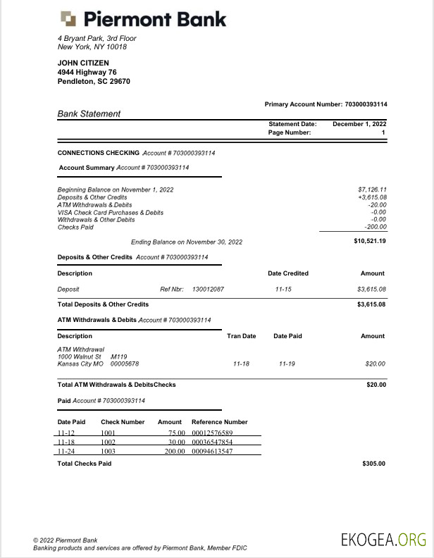 Modèle Word et PDF de relevé bancaire USA New York Piermont